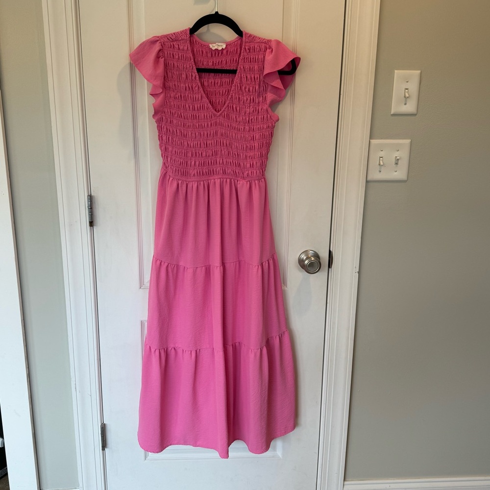 Blu Pepper Pink Smocked Midi Dress